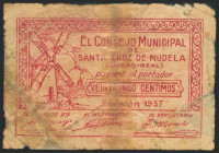 SANTA CRUZ DE MUDELA (CIUDAD REAL). 25 Céntimos. 1937. Serie A. (González: 4730). Inusual, presencia de cinta adhesiva. RC-.