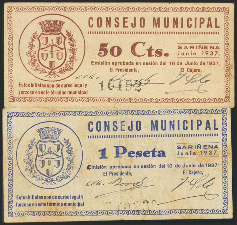 SARIÑENA (HUESCA). 50 Céntimos y 1 Peseta. 10 de Junio de 1937. (González: 4785/...