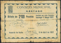 SASTAGO (ZARAGOZA). 2 Pesetas. 5 de Abril de 1937. Serie B, escudo sin columnas. (González: 4795). Raro, presencia de cinta adhesiva. RC+.