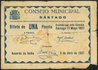 SASTAGO (ZARAGOZA). 1 Peseta. 5 de Abril de 1937. Serie C, escudo con columnas. (González: 4797). Inusual. RC+.