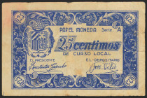 SOLLANA (VALENCIA). 25 Céntimos. (1937ca). Serie A. (González: 4896). MBC-.