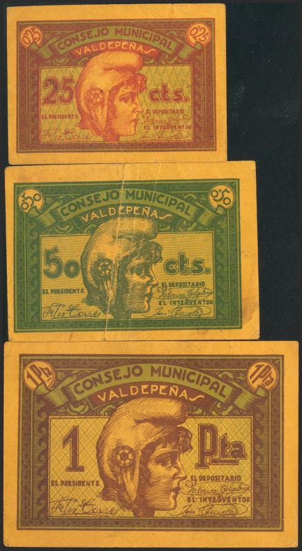 VALDEPEÑAS (CIUDAD REAL). 25 Céntimos, 50 Céntimos y 1 Peseta. (1937ca). Series ...