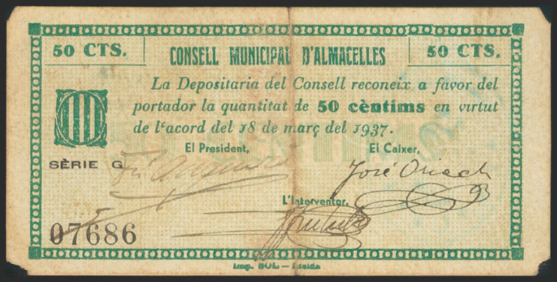 ALMACELLES (LERIDA). 50 Céntimos. 18 de Marzo de 1937. Serie G. (González: 6205)...