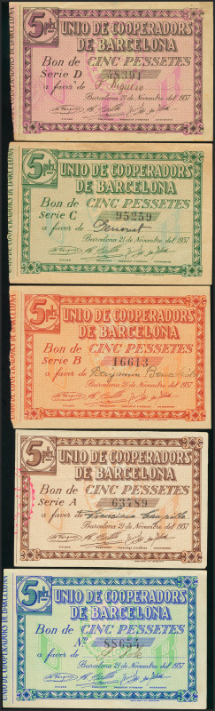 BARCELONA. 5 Pesetas. 21 de Noviembre de 1937. Sin serie, serie A a la serie D. ...