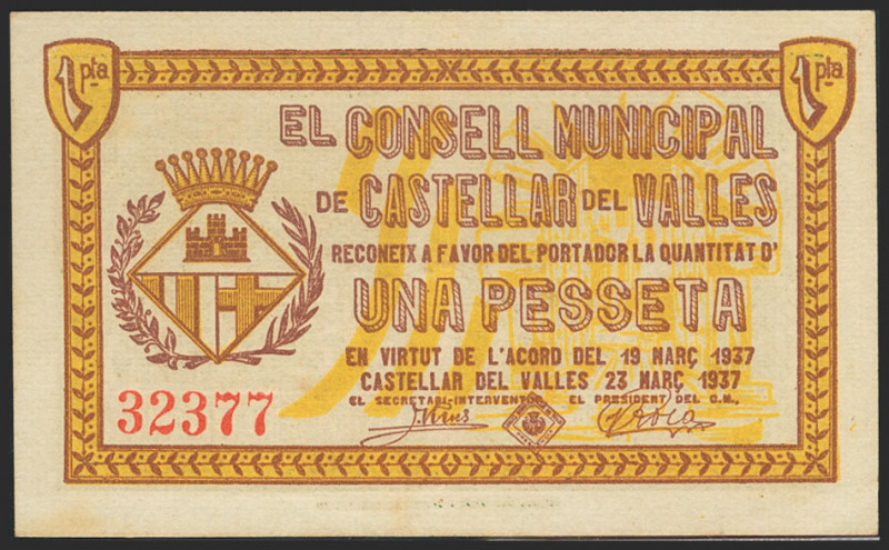 CASTELLAR DEL VALLES (BARCELONA). 1 Peseta. Marzo 1937. (González: 7421). EBC.