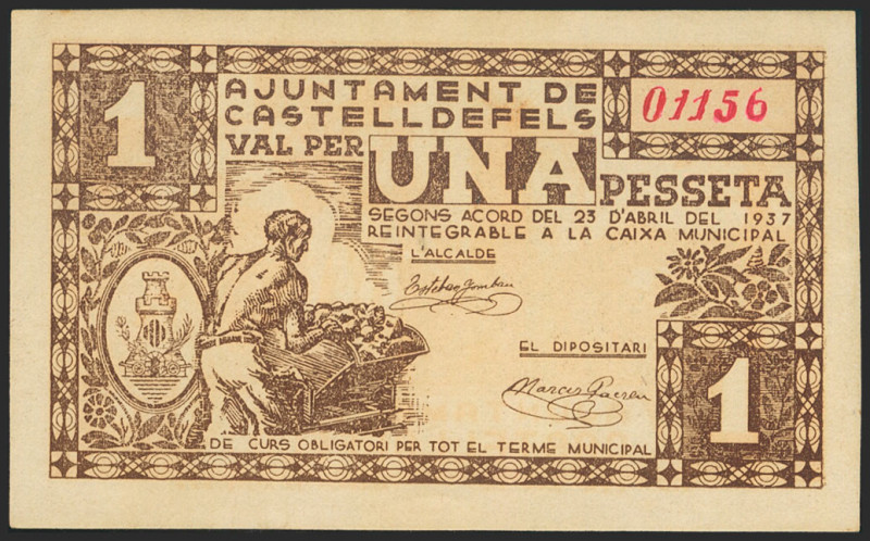 CASTELDEFELLS (BARCELONA). 1 Peseta. 23 de Mayo de 1937. (González: 7448). EBC+....