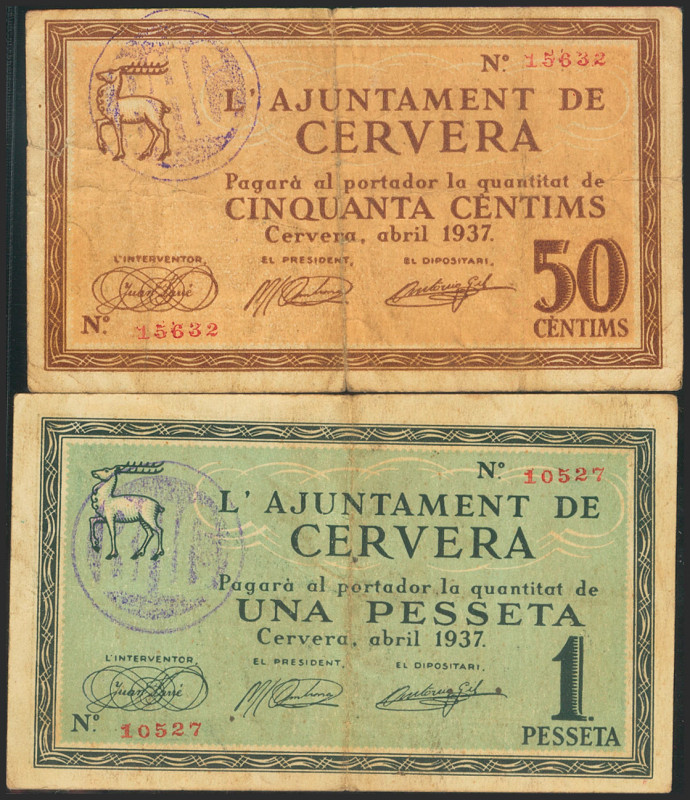 CERVERA (LERIDA). 50 céntimos y 1 Peseta. Abril 1937. (González: 7556/57). Serie...