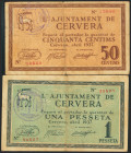 CERVERA (LERIDA). 50 céntimos y 1 Peseta. Abril 1937. (González: 7556/57). Serie completa. MBC.