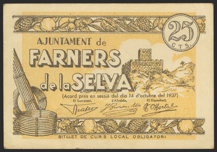 FARNERS DE LA SELVA (GERONA). 25 Céntimos. 14 de Octubre de 1937. (González: 783...