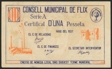 FLIX (TARRAGONA). 1 Peseta. Mayo 1937. Serie A. (González: 7885). Raro. EBC+.
