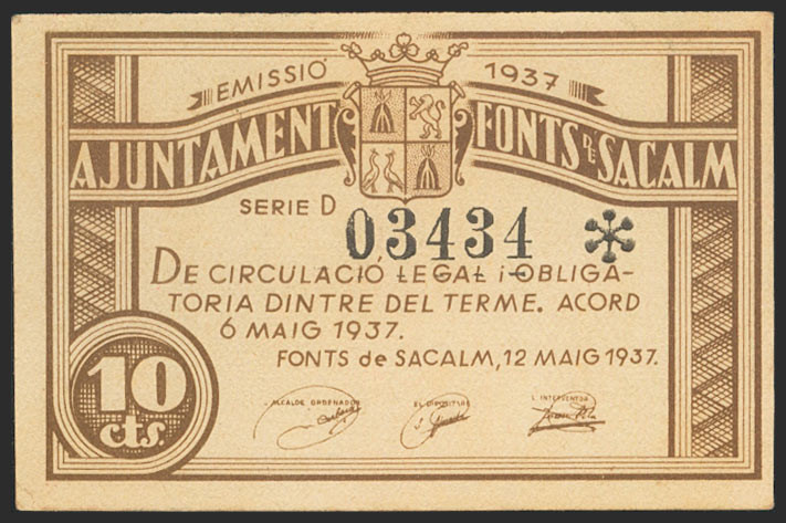 FONTS DE SACALM (GERONA). 10 Céntimos. 12 de Mayo de 1937. Serie D. (González: 7...