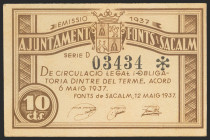 FONTS DE SACALM (GERONA). 10 Céntimos. 12 de Mayo de 1937. Serie D. (González: 7916). EBC+.