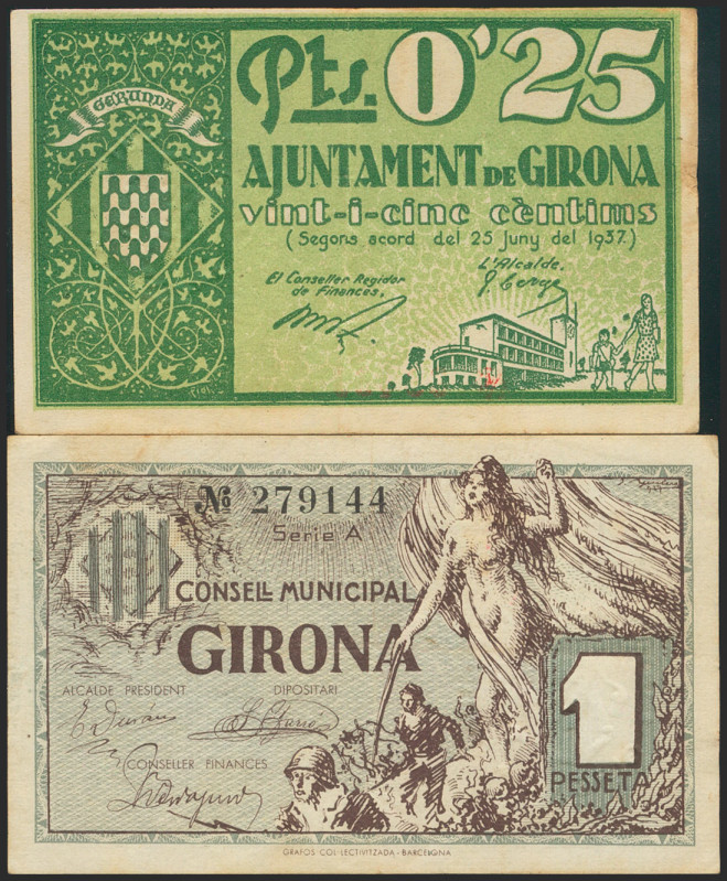 GERONA. 25 Céntimos y 1 Peseta. Abril 1937 y Junio 1937. El 1 pts serie A. (Gonz...