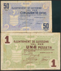 GUISSONA (LERIDA). 50 Céntimos y 1 Peseta. 2 de Agosto de 1937. (González: 8180, 8181). MBC-.