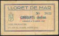 LLORET DE MAR (GERONA). 50 Céntimos. 30 de Abril de 1937. (González: 8435). Muy raro. MBC.