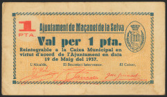 MACANET DE LA SELVA (GERONA). 1 Peseta. 19 de Mayo de 1937. (González: 8450). Raro. MBC.