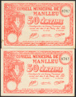 MANLLEU (BARCELONA). 50 Céntimos. Pareja correlativa. 1 de Mayo de 1937. (González: 8484). EBC+.