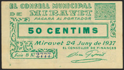 MIRAVET (TARRAGONA). 50 Céntimos. 24 de Junio de 1937. (González: 8685). Raro. MBC+.