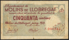 MOLINS DE LLOBREGAT (BARCELONA). 50 Céntimos. Junio 1937. Serie A. (González: 8699). MBC.