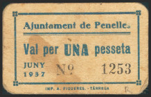 PENELLES (LERIDA). 1 Peseta. Junio 1937. (González: 9185). Inusual. MBC+.