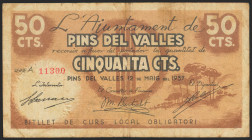 PINS DEL VALLES (BARCELONA). 50 Céntimos. 12 de Mayo de 1937. Serie A. (González: 9245). MBC.