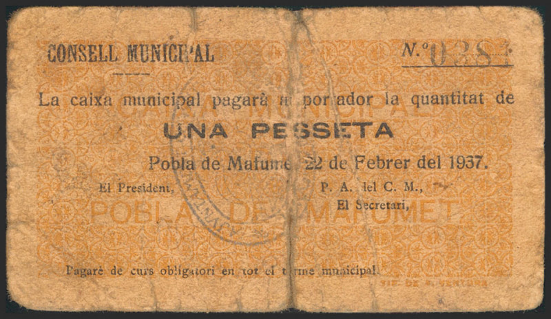 POBLA DE MAFUMET (TARRAGONA). 1 Peseta. 22 de Febrero de 1937. (González: 9323)....