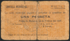 POBLA DE MAFUMET (TARRAGONA). 1 Peseta. 22 de Febrero de 1937. (González: 9323). Muy raro, con presencia de cinta adhesiva. BC.