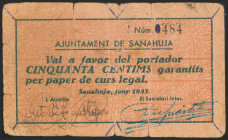 SANAHUJA (LERIDA). 50 Céntimos. Junio 1937. Sin marca de la alcaldía. (González: 9486). Muy raro. RC.