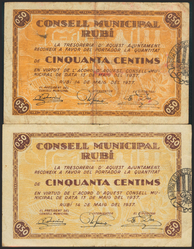 RUBI (BARCELONA). 50 Céntimos, dos billetes con los dos tipos diferentes. 13 de ...