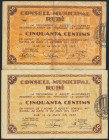 RUBI (BARCELONA). 50 Céntimos, dos billetes con los dos tipos diferentes. 13 de Mayo de 1937. Serie A, ambos. (González: 9759, 9760). MBC.