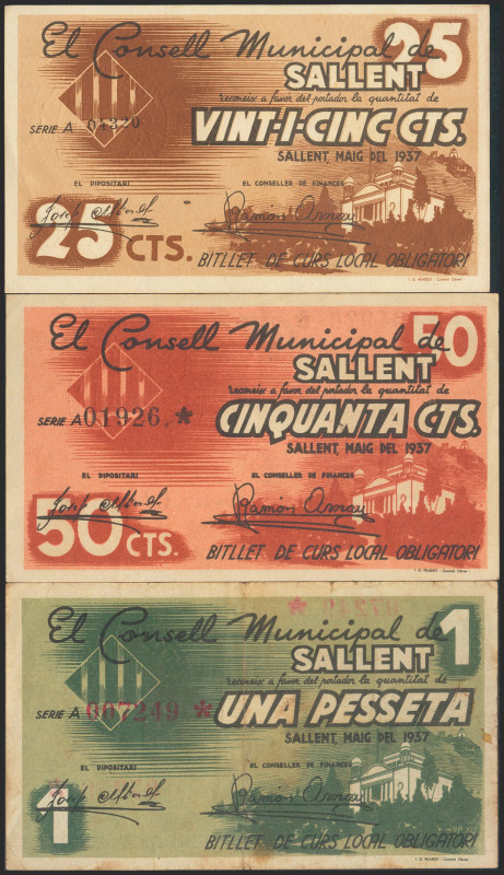 SALLENT (BARCELONA). 25 Céntimos, 50 Céntimos y 1 Peseta. Mayo 1937. Serie A, to...