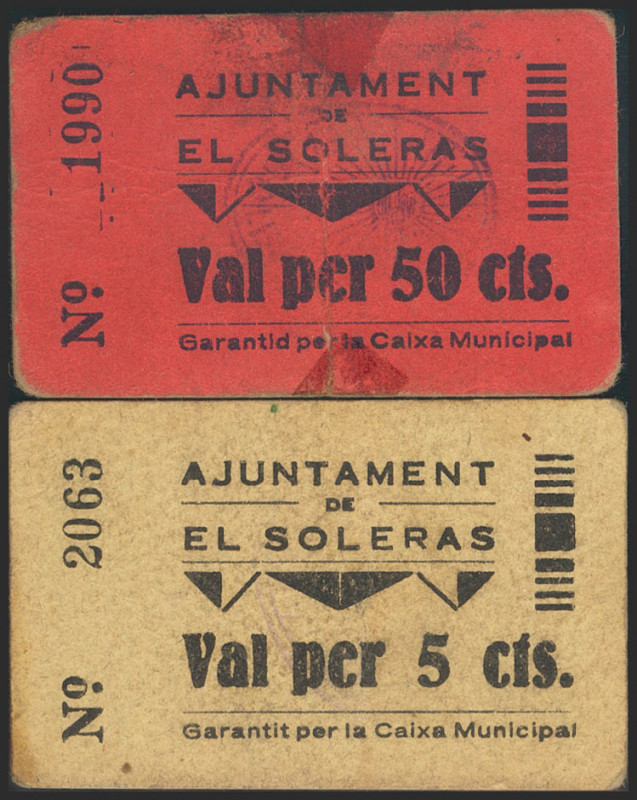 EL SOLERAS (LERIDA). 5 Céntimos y 50 Céntimos. (1937ca). (González: 10022, 10024...