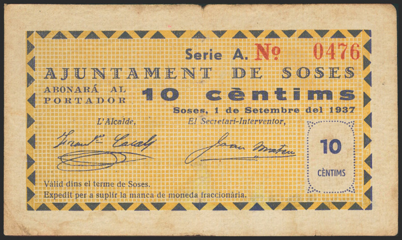 SOSES (LERIDA). 10 Céntimos. 1 de Septiembre de 1937. Serie A. (González: 10051)...