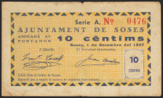SOSES (LERIDA). 10 Céntimos. 1 de Septiembre de 1937. Serie A. (González: 10051). Muy raro. MBC.