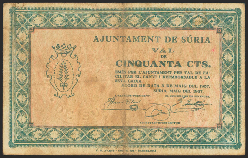 SURIA (BARCELONA). 50 Céntimos. 3 de Mayo de 1937. (González: 10066). MBC.