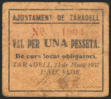 TARADELL (BARCELONA). 1 Peseta. 13 de Mayo de 1937. (González: 10081). Muy raro. BC.