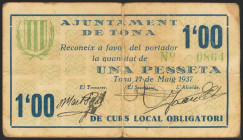 TONA (BARCELONA). 1 Peseta. Mayo 1937. (González: 10293). Inusual. BC.