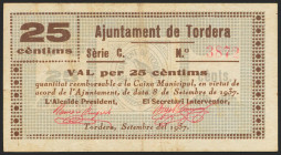 TORDERA (BARCELONA). 25 Céntimos. 8 de Septiembre de 1937. Serie C. (González: 10306). Inusual. MBC.