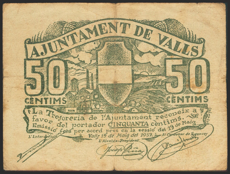 VALLS (TARRAGONA). 50 Céntimos. 19 de Mayo de 1937. Serie A. (González: 10543). ...