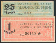 VILLAFRANCA DEL PENEDES (BARCELONA). 25 Céntimos y 1 Peseta. 1 de Abril de 1937. (González: 10708/09). Serie completa. EBC-/SC.