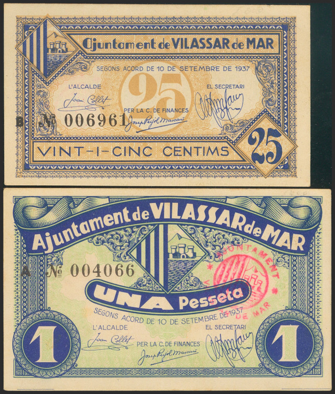 VILASSAR DE MAR (BARCELONA). 25 Céntimos y 1 Peseta. 10 de Octubre de 1937. Seri...