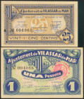 VILASSAR DE MAR (BARCELONA). 25 Céntimos y 1 Peseta. 10 de Octubre de 1937. Serie A y B, respectivamente. (González: 10868/69). Serie completa. EBC/EB...
