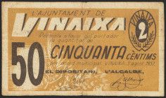 VINAIXA (LERIDA). 50 Céntimos. 3 de Agosto de 1937. (González: 10912). Muy raro. MBC.