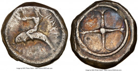 CALABRIA. Tarentum. Ca. 480-450 BC. AR didrachm (18mm, 7.51 gm). NGC Choice VF 5/5 - 2/5, edge marks. TARAS (retrograde), Taras astride dolphin left, ...