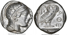 ATTICA. Athens. Ca. 440-404 BC. AR tetradrachm (24mm, 17.15 gm, 1h). NGC AU 5/5 - 3/5. Mid-mass coinage issue. Head of Athena right, wearing earring, ...