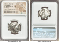 ATTICA. Athens. Ca. 440-404 BC. AR tetradrachm (25mm, 17.21 gm, 3h). NGC AU 4/5 - 3/5. Mid-mass coinage issue. Head of Athena right, wearing earring, ...