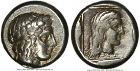 LESBOS. Mytilene. Ca. 412-378 BC. EL sixth-stater or hecte (11mm, 2.51 gm, 5h). NGC VF 5/5 - 3/5. Laureate head of Apollo right, with long hair / Fema...