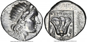 CARIAN ISLANDS. Rhodes. Ca. 188-170 BC. AR drachm (16mm, 1h). NGC XF. Plinthophoric standard, Eumenes, magistrate. Radiate head of Helios right / EYME...