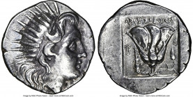 CARIAN ISLANDS. Rhodes. Ca. 188-170 BC. AR drachm (15mm, 12h). NGC Choice VF. Plinthophoric standard, Aristoboulus, magistrate. Radiate head of Helios...