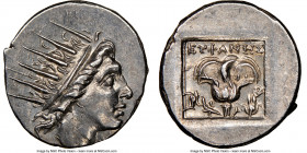 CARIAN ISLANDS. Rhodes. Ca. 88-84 BC. AR drachm (16mm, 10h). NGC Choice AU. Plinthophoric standard, Euphanes, magistrate. Radiate head of Helios right...